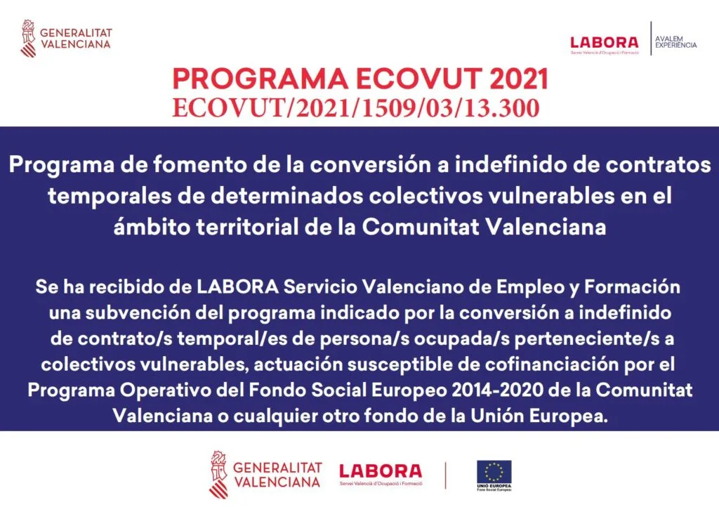 Programa Ecovut subvencionado por LABORA y cofinanciado por Unión Europea y Generalitat Valenciana